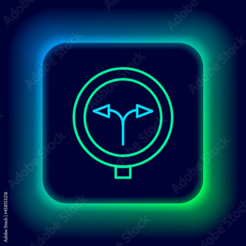 Glowing neon line Fork in the road icon isolated on black background. Colorful outline concept. Vector