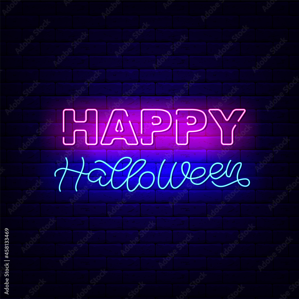Happy Halloween neon neon light lettering. Night bright signboard. Glowing effect banner. Isolated vector illustration Happy Halloween neon neon light lettering. Night bright signboard. Glowing effect banner. Isolated vector illustration