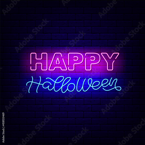 Happy Halloween neon neon light lettering. Night bright signboard. Glowing effect banner. Isolated vector illustration
