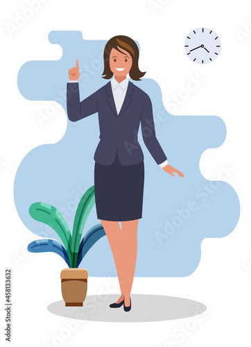 The woman points up with her index finger. Vector illustration.