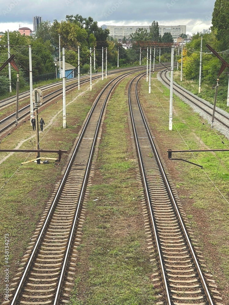 Vertical shot of railroad tracks near trees in the city Vertical shot of railroad tracks near trees in the city