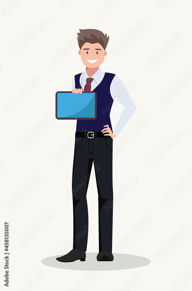 A businessman shows a digital tablet computer. Vector illustration. A businessman shows a digital tablet computer. Vector illustration.