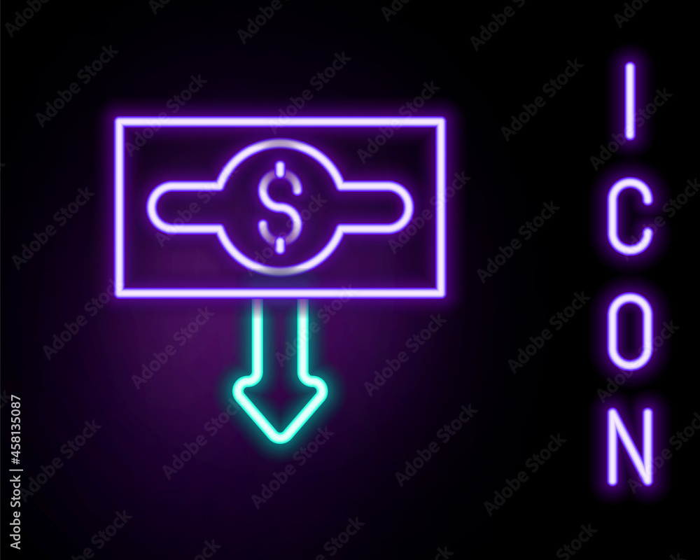 Glowing neon line Dollar rate decrease icon isolated on black background. Cost reduction. Money symbol with down arrow. Business lost crisis decrease. Colorful outline concept. Vector Glowing neon line Dollar rate decrease icon isolated on black background. Cost reduction. Money symbol with down arrow. Business lost crisis decrease. Colorful outline concept. Vector