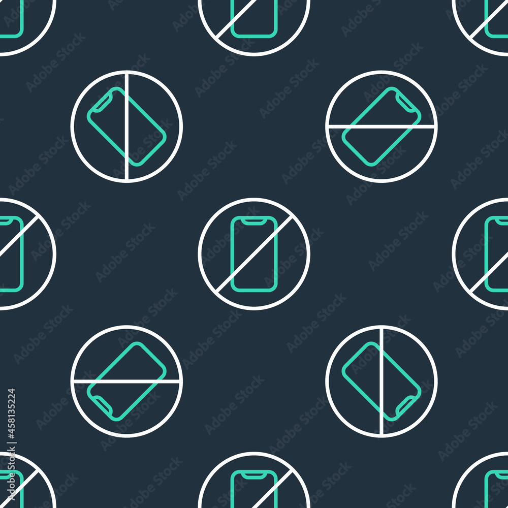 Line No cell phone icon isolated seamless pattern on black background. No talking and calling sign. Cell prohibition. Vector Line No cell phone icon isolated seamless pattern on black background. No talking and calling sign. Cell prohibition. Vector