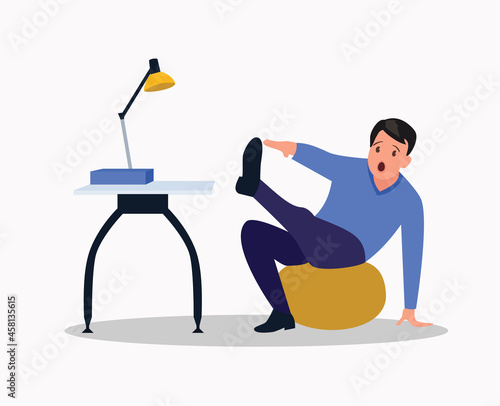 A careless man who fell off from the chair on a white background.