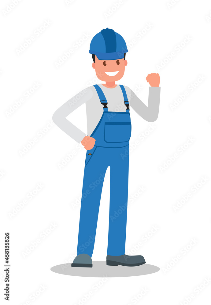 A man is a construction worker in overalls in the workplace with a tool in his hands.