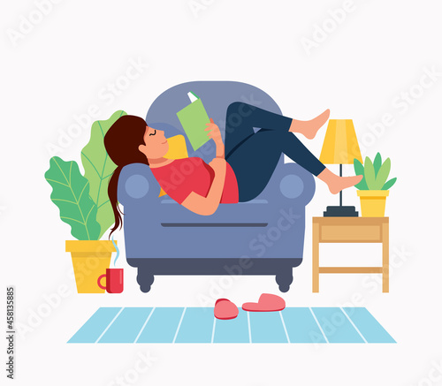 Stay home concept. Woman on chair reading a book in cozy modern interior. Vector illustration in flat style