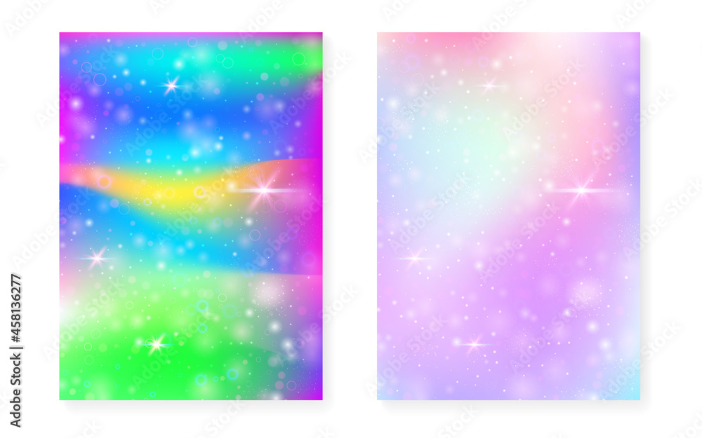 Fototapeta premium Unicorn background with kawaii magic gradient. Princess rainbow hologram.