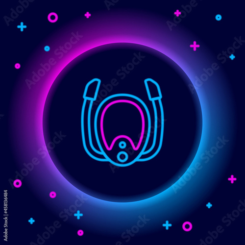 Glowing neon line Diving mask with snorkel icon isolated on black background. Extreme sport. Diving underwater equipment. Colorful outline concept. Vector