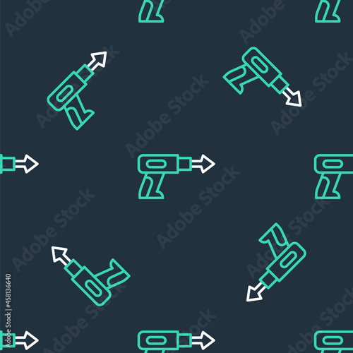 Line Fishing harpoon icon isolated seamless pattern on black background. Fishery manufacturers for catching fish under water. Diving underwater equipment. Vector