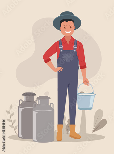The concept of agriculture. A male farmer holds a bucket of milk.