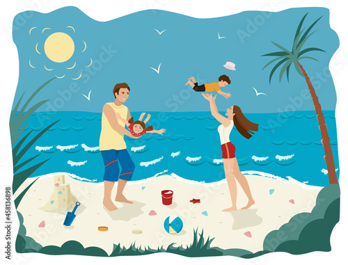 Happy family on a tropical beach. Parents, father and mother, are playing with their children on a seashore. Vacations. Vector flat illustration.