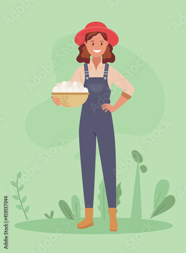 A farmer holds a basket of eggs. Vector illustration.