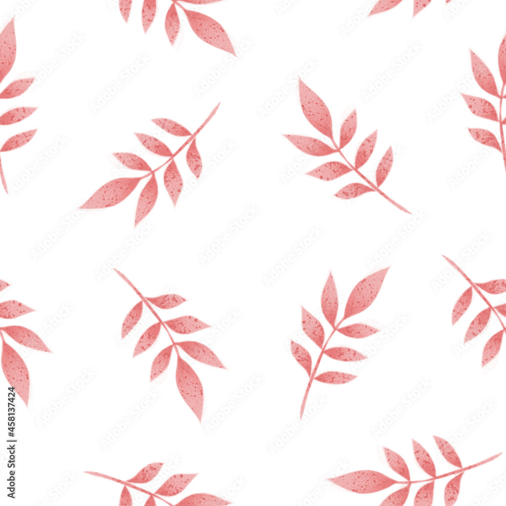 Seamless pattern with beautiful watercolor pink twigs of a plant on a white background. Spring symbol print in a cute style. Raster illustration, hand drawing.
