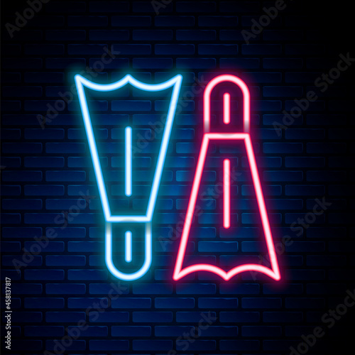 Glowing neon line Rubber flippers for swimming icon isolated on brick wall background. Diving equipment. Extreme sport. Diving underwater equipment. Colorful outline concept. Vector