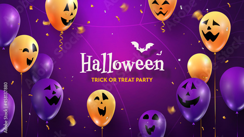 Halloween happy party scary, fun, creepy faces on balloons 3d vector illustration. Trick or treat text