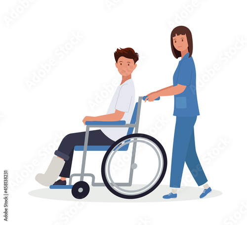 A doctor is taking a patient with a broken leg in a wheelchair. Doctor and patient.