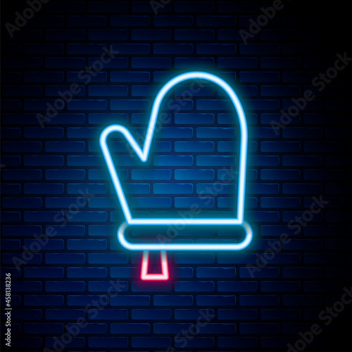Glowing neon line Oven glove icon isolated on brick wall background. Kitchen potholder sign. Cooking glove. Colorful outline concept. Vector