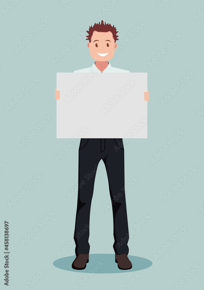 A man holds an empty poster, a poster, a sign, a board. Vector illustration.