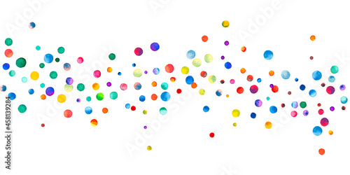 Watercolor confetti on white background. Alive rainbow colored dots. Happy celebration wide colorful bright card. Valuable hand painted confetti.