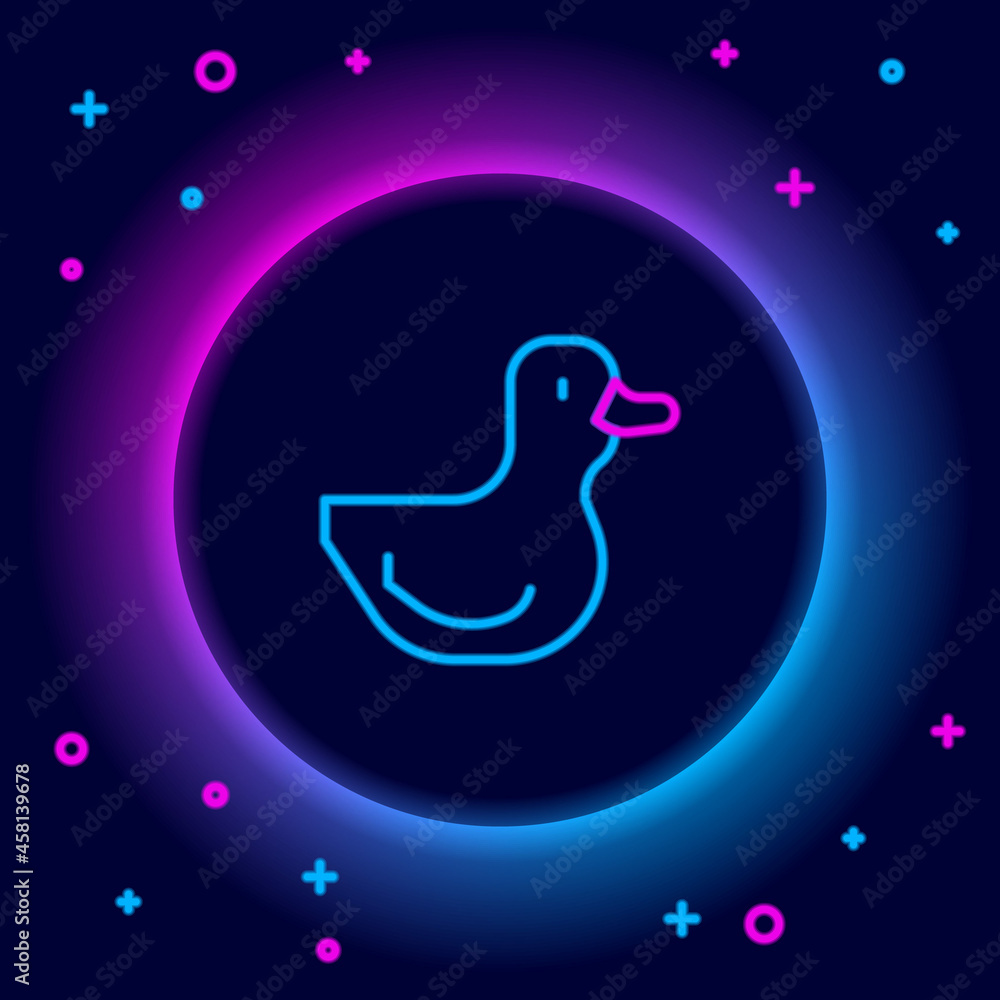 Obraz premium Glowing neon line Rubber duck icon isolated on black background. Colorful outline concept. Vector