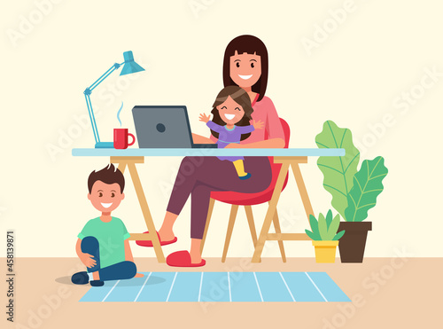 Home office concept. Woman working from home with kids in cozy modern interior. Vector illustration in flat style