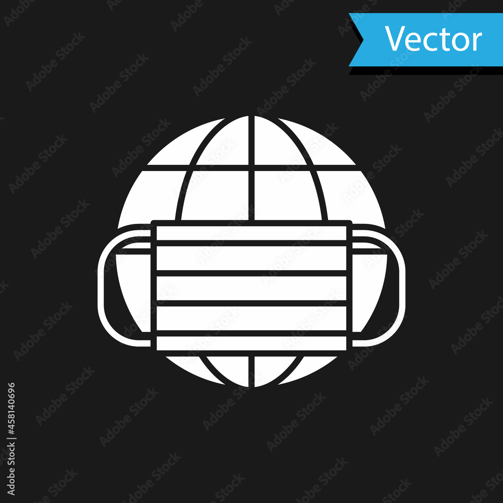 White Earth globe with medical mask icon isolated on black background. Vector. White Earth globe with medical mask icon isolated on black background. Vector.