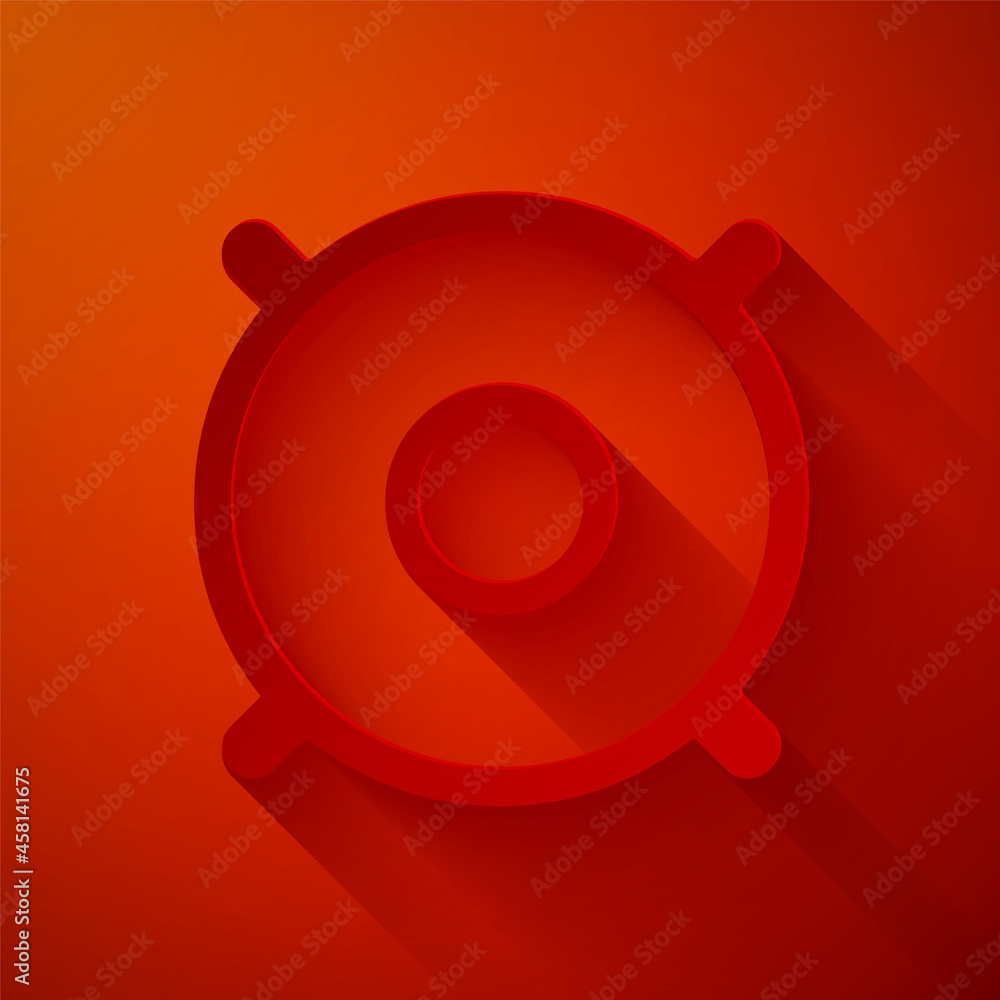 Fototapeta premium Paper cut Car audio speaker icon isolated on red background. Paper art style. Vector