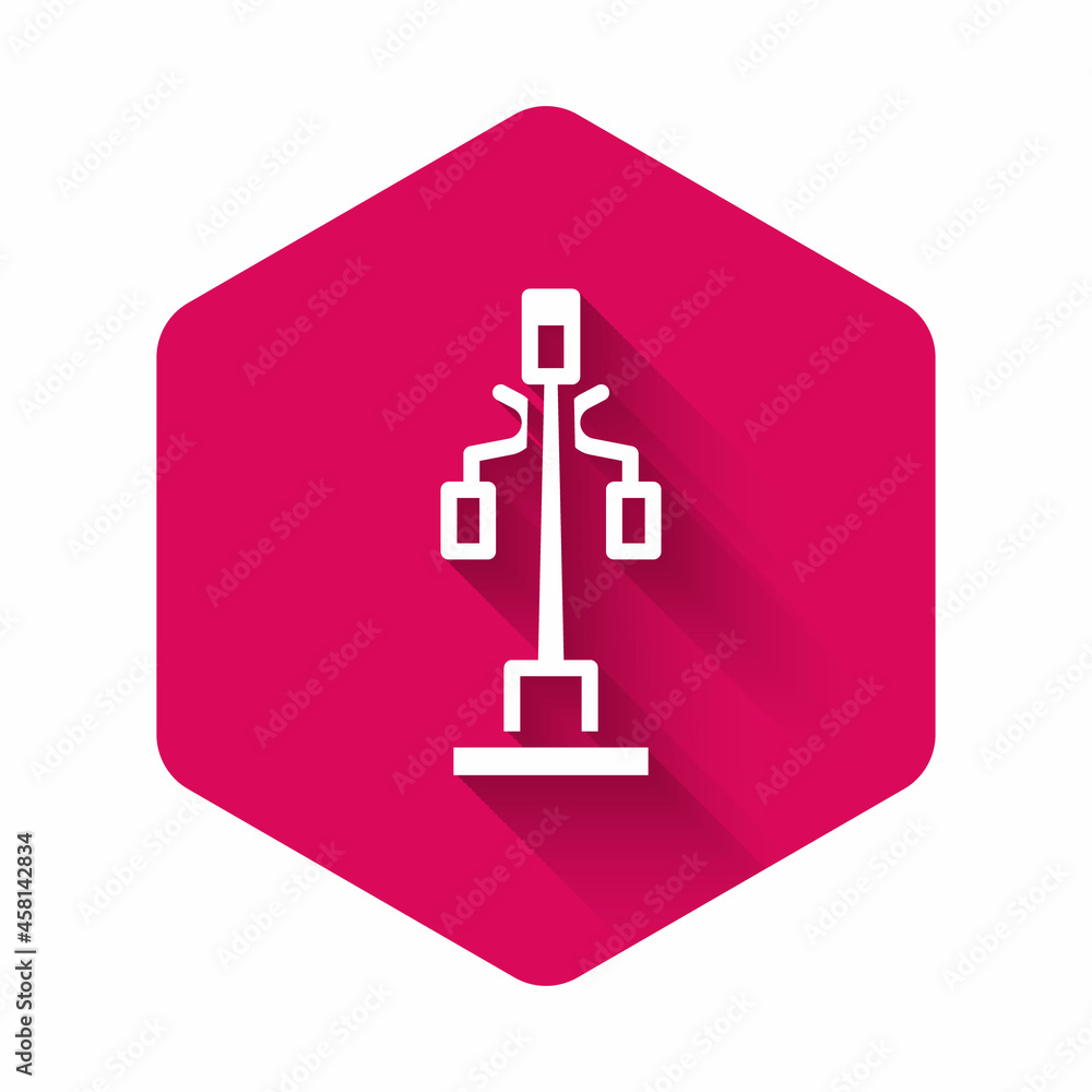 White Street light system icon isolated with long shadow. Pink hexagon button. Vector White Street light system icon isolated with long shadow. Pink hexagon button. Vector