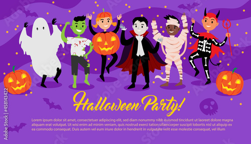 Group of cute kids dressed up in festive halloween costumes and dancing on halloween party poster. Diverse cute and funny characters in costumes. Vector illustration card in cartoon flat style.