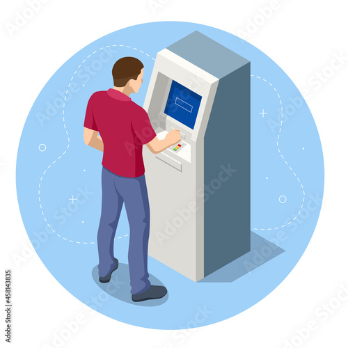 Isometric man waiting for the credit card inserting from ATM Machine. ATM service machine of a bank. Automated teller machine.