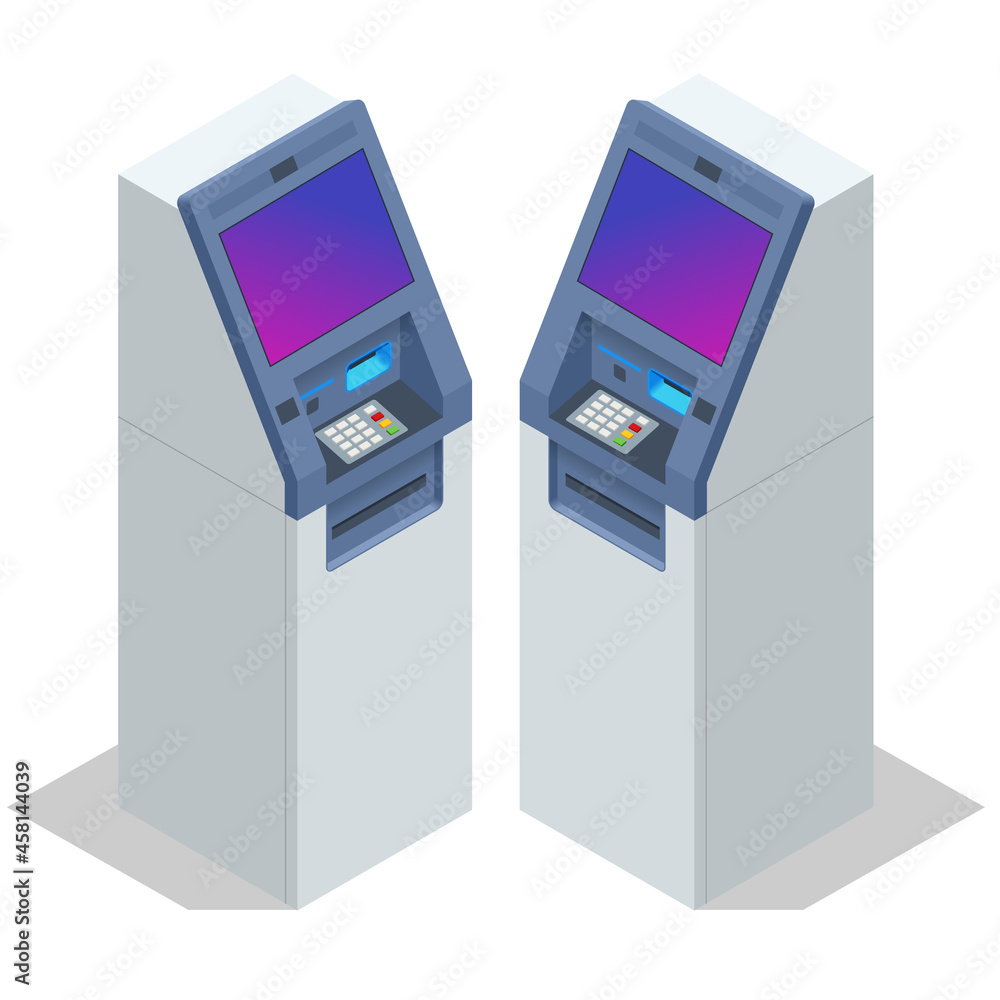 Isometric ATM service machine of a bank. Automated teller machine. Cash machine. Isometric ATM service machine of a bank. Automated teller machine. Cash machine.