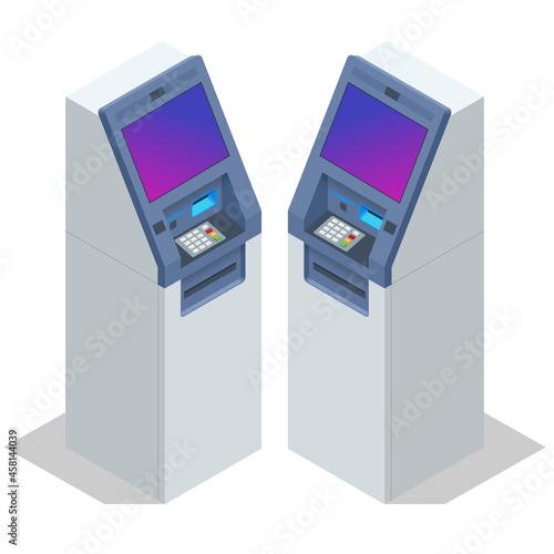 Isometric ATM service machine of a bank. Automated teller machine. Cash machine.