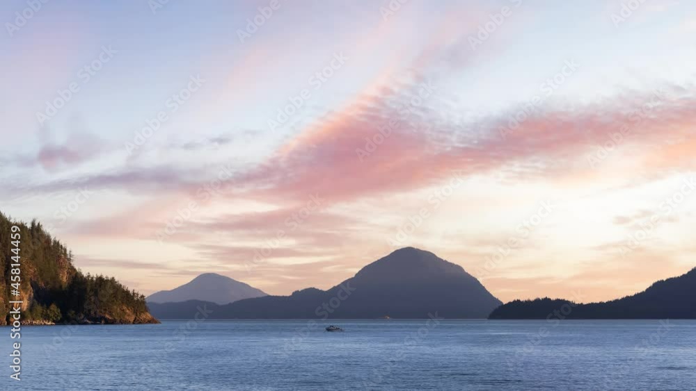 Canadian Nature Mountain Landscape Background. Sunny Colorful Sunset Sky Art Render. View of Howe Sound, between Squamish and Vancouver, British Columbia, Canada. Cinemagraph Continuous Loop Canadian Nature Mountain Landscape Background. Sunny Colorful Sunset Sky Art Render. View of Howe Sound, between Squamish and Vancouver, British Columbia, Canada. Cinemagraph Continuous Loop
