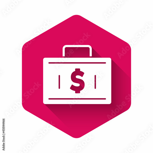 White Briefcase and money icon isolated with long shadow. Business case sign. Business portfolio. Financial management. Pink hexagon button. Vector