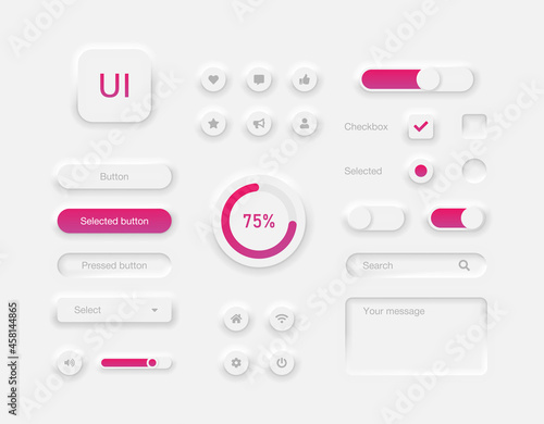 User interface elements for desktop or mobile app. Set of buttons and sliders to control the device. Unique neumorphic ui ux design kit. Vector illustration EPS 10 photo