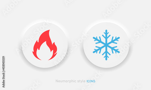 Hot and cold vector icon in neumorphic style. Fire and snow buttons in neumorphism ui design for mobile or desktop apps. Vector EPS 10