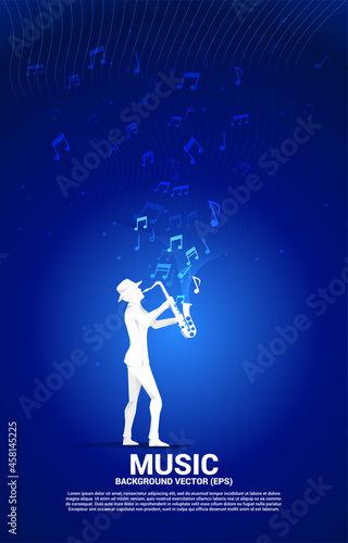 Vector silhouette of saxophonist with music melody note dancing flow . Concept background for classic music concert and recreation.