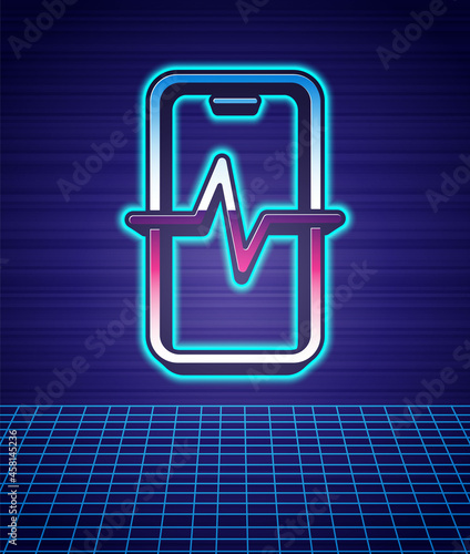 Retro style Phone repair service icon isolated futuristic landscape background. Adjusting, service, setting, maintenance, repair, fixing. 80s fashion party. Vector
