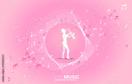 Vector silhouette of saxophonist with music melody note dancing flow . Concept background for classic music concert and recreation.