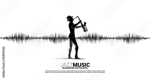Vector silhouette of the saxophonist with music note icon Sound wave Equalizer background. Concept background for jazz song and concert theme.