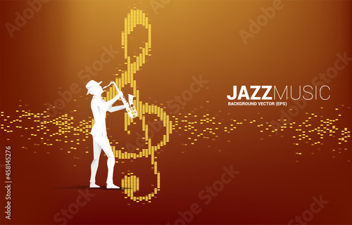 Vector silhouette of the saxophonist with music note icon Sound wave Equalizer background. Concept background for jazz song and concert theme.