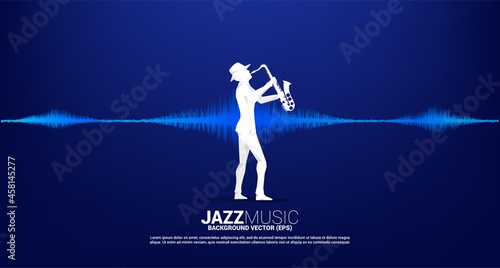 Vector silhouette of the saxophonist with music note icon Sound wave Equalizer background. Concept background for jazz song and concert theme.