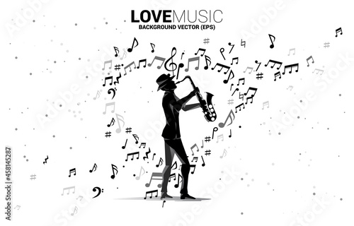 Vector silhouette of saxophonist standing with music note flying as heart shape . Concept background for love song and concert theme.