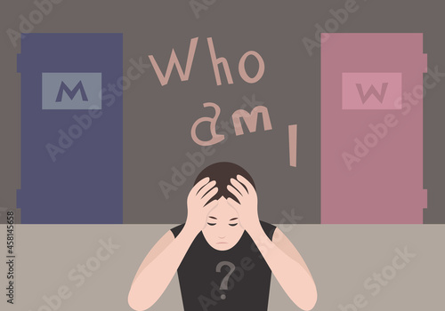 The teenager gets upset because he can't figure out what gender he is. Concept of choice gender confusion or dysphoria. A person of indeterminate gender cannot choose a toilet door: female or male?