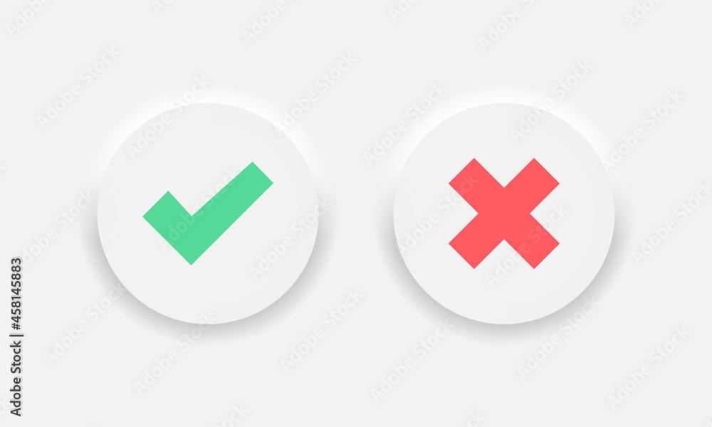Check mark vector icons. Accept aprove and reject icons. Neumorphic soft effect white circle button. Check tick cross mark symbol. Vector EPS 10 Check mark vector icons. Accept aprove and reject icons. Neumorphic soft effect white circle button. Check tick cross mark symbol. Vector EPS 10