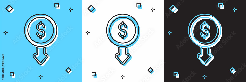 Set Dollar rate decrease icon isolated on blue and white, black background. Cost reduction. Money symbol with down arrow. Business lost crisis decrease. Vector Set Dollar rate decrease icon isolated on blue and white, black background. Cost reduction. Money symbol with down arrow. Business lost crisis decrease. Vector
