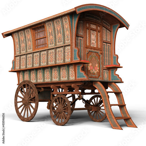 3d-illustration of an traveler waggon in a beautiful landscape