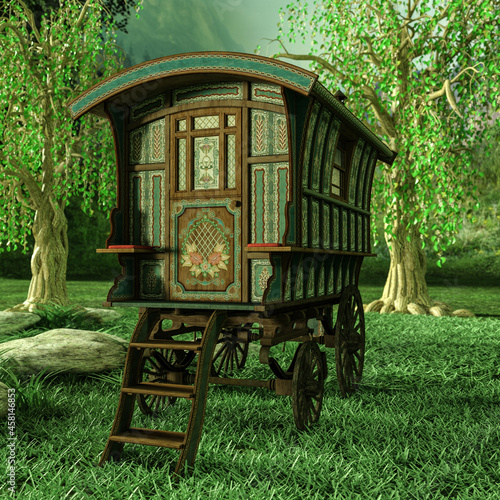 3d-illustration of an traveler waggon in a beautiful landscape photo