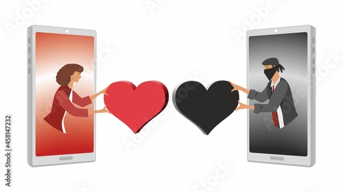 Woman meeting dishonest man on online dating. Vector illustration. Dimension 16:9. EPS10.
